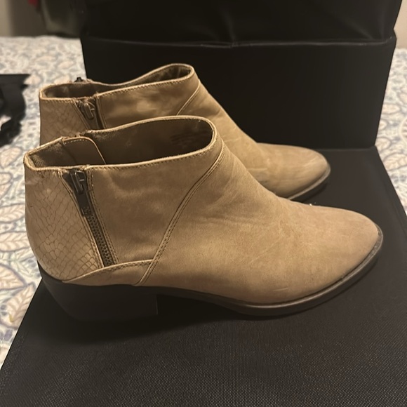 Tan suede ankle booties from StitchFix. Size 10. Snake print detail on heel. - Picture 3 of 5